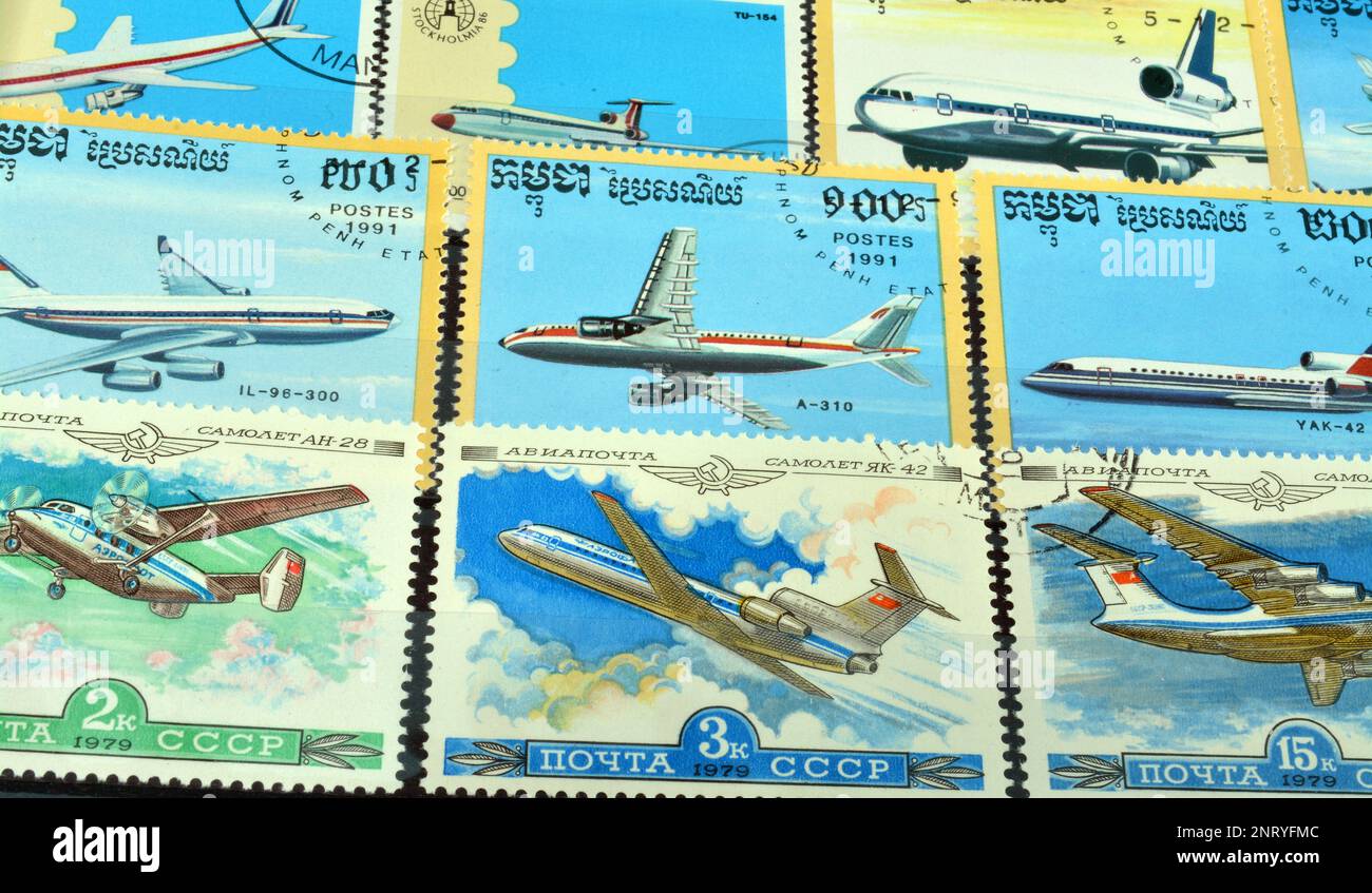 Postage stamps printed by Nicaragua, Soviet Union, Cambodia,, that show airplanes, circa 1950-1990. Stock Photo