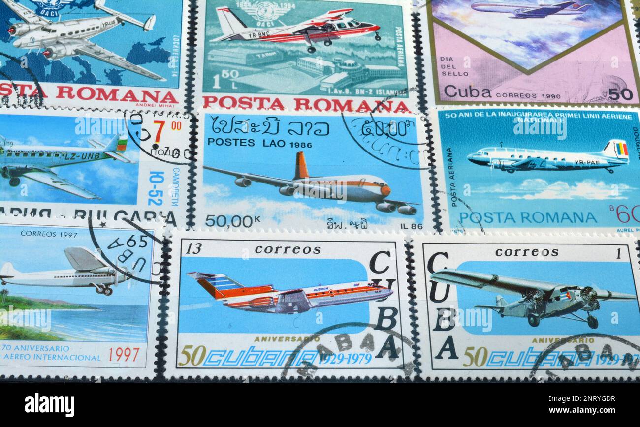 Postage stamps printed by Cuba, Romania, Laos, Bulgaria, that show airplanes, circa 1950-1990 Stock Photo