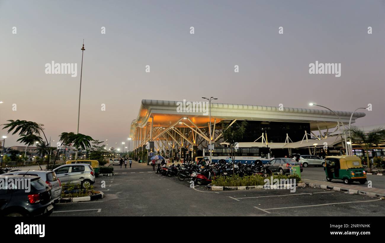 Bangalore,Karnataka,India-October 26 2022: Beautiful modern architecture of Sir M Visvesvaraya Terminal or SMVB at night. Indian Railway station locat Stock Photo