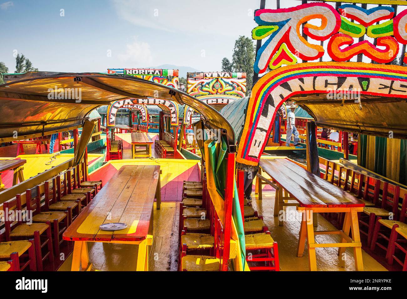 Trajineras on Canal, Xochimilco, Mexico City, Mexico Stock Photo