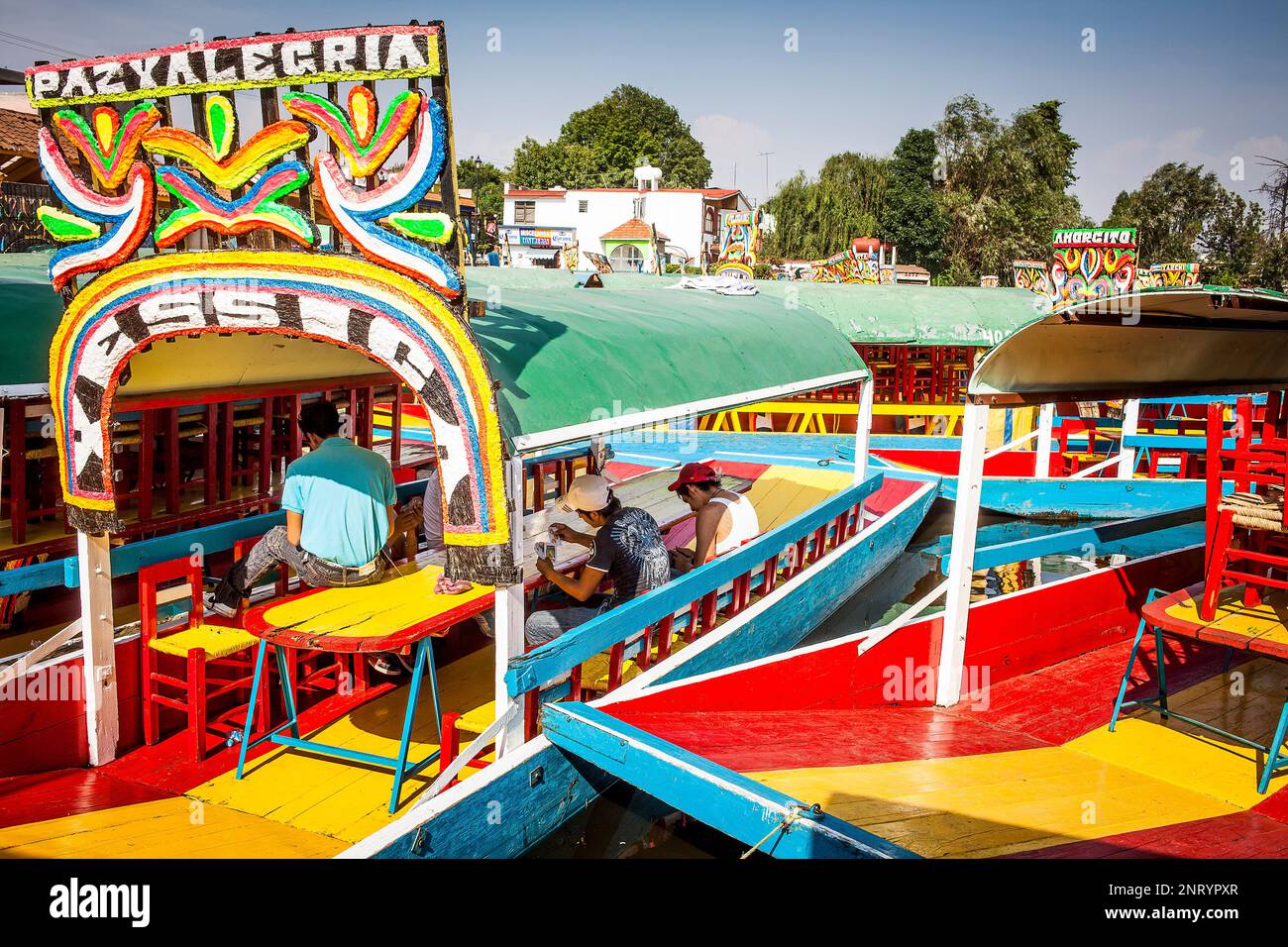 Trajineras on Canal, Xochimilco, Mexico City, Mexico Stock Photo