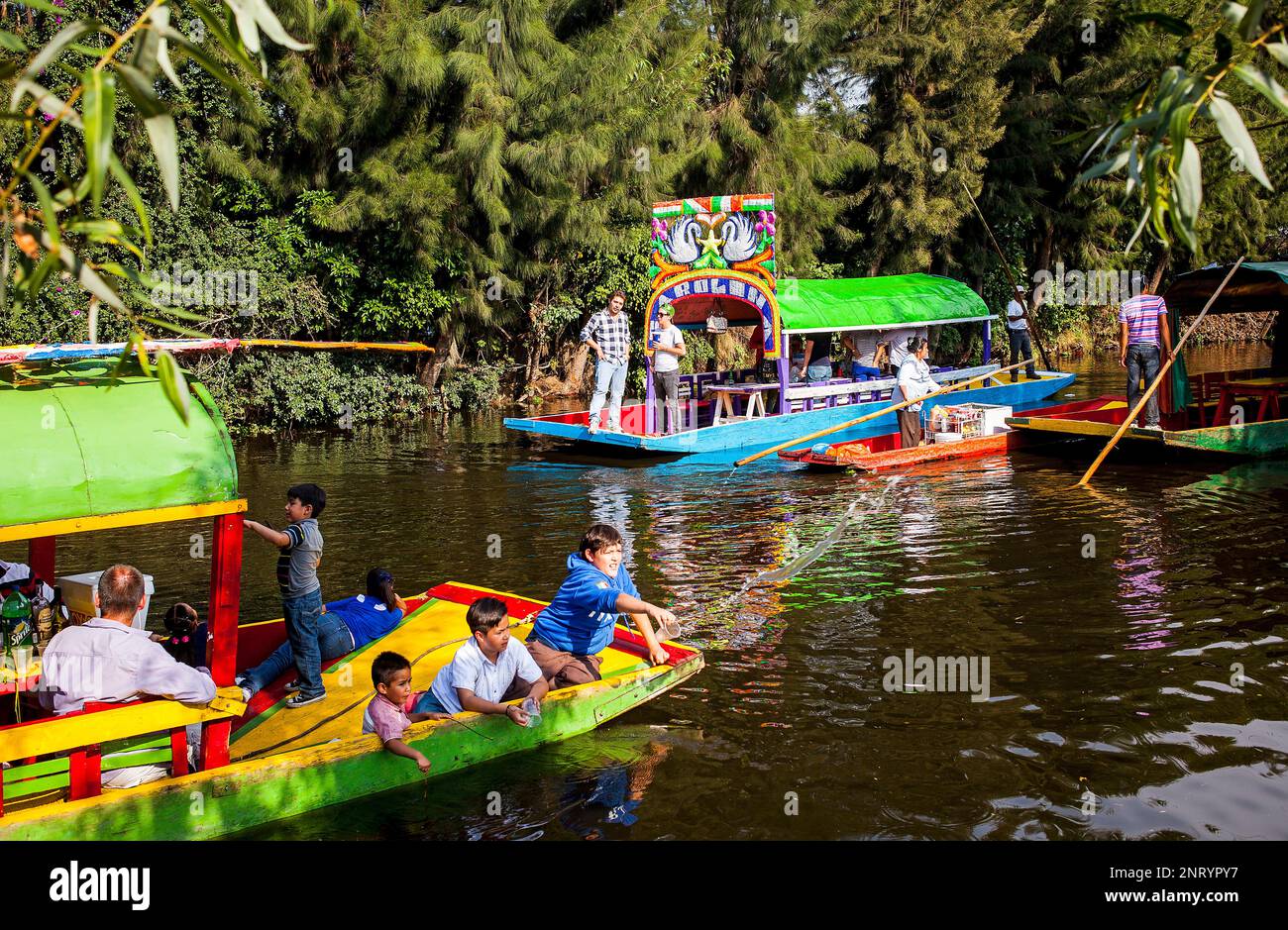 Trajineras on Canal, Xochimilco, Mexico City, Mexico Stock Photo