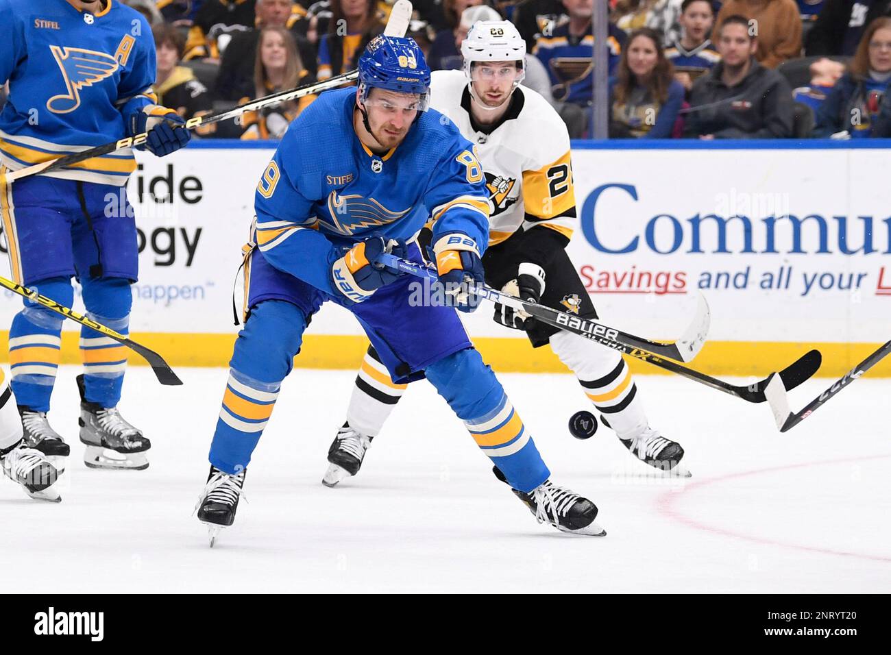 St. Louis Blues' Pavel Buchnevich (89) eyes the puck against the ...