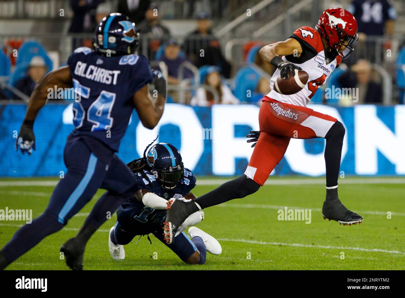 Toronto Argonauts defensive back Abdul Kanneh (14) misses a tackle on ...