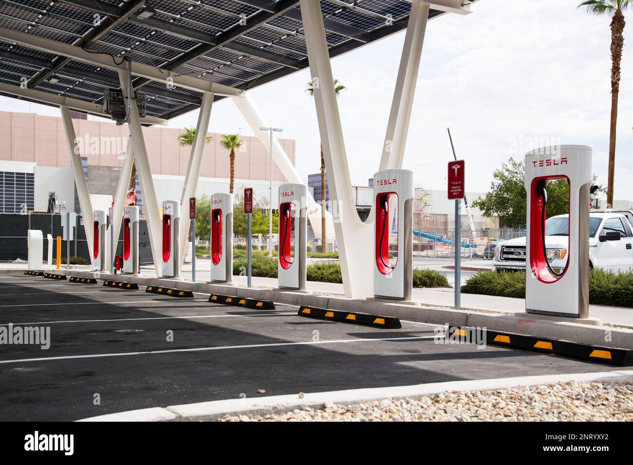 A row of Tesla Supercharger stations are pictured next to the LINQ High