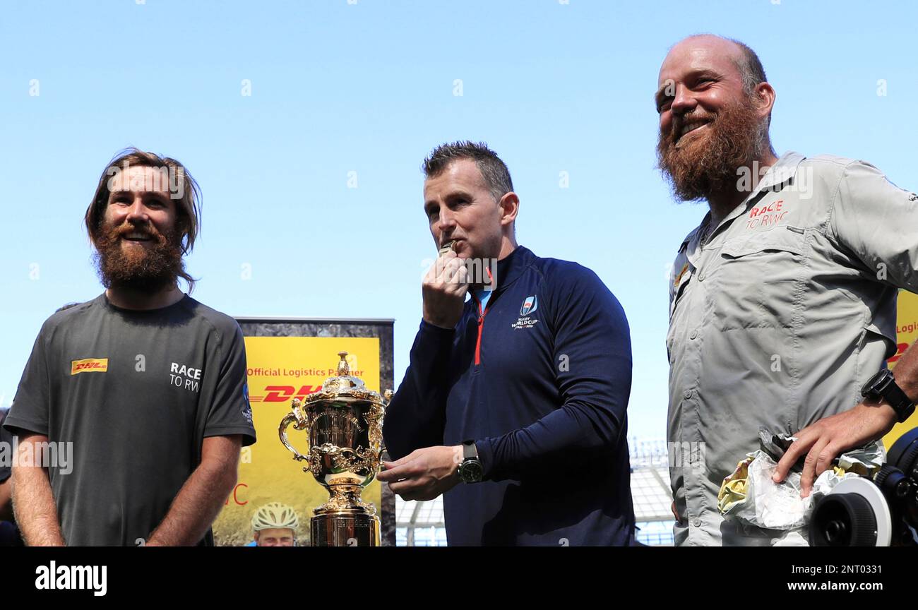 Nigel Owens (C), a Welsh international rugby union referee, receives a