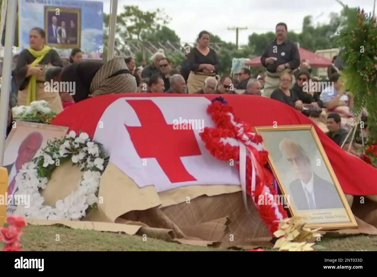 In this image from a video, a funeral service is held for the late Tongan Prime Minister Akilisi Pohiva in Nukualofa, Tonga Thursday, Sept