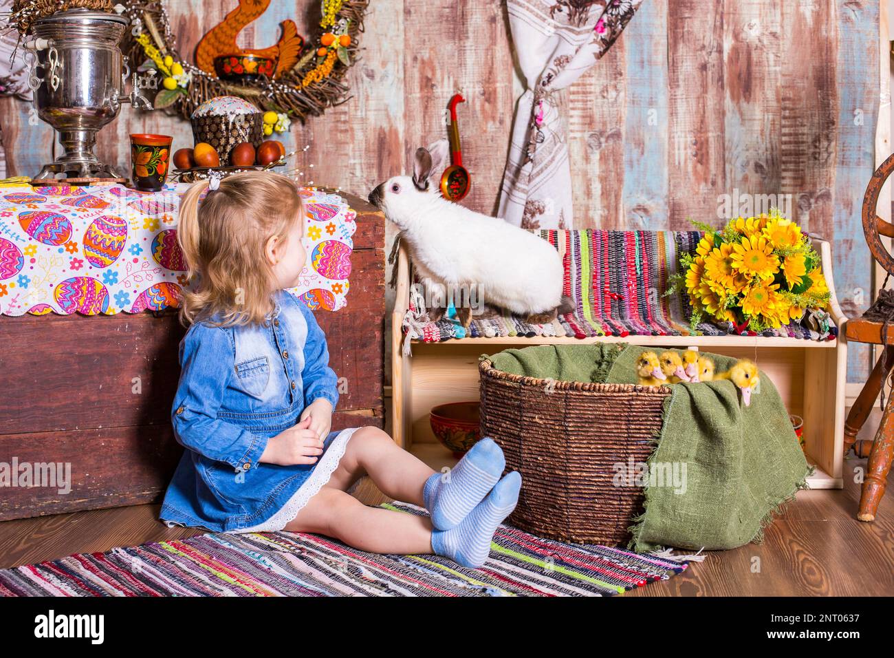 Easter decorated interior with colorfull eggs and ducklings Stock Photo