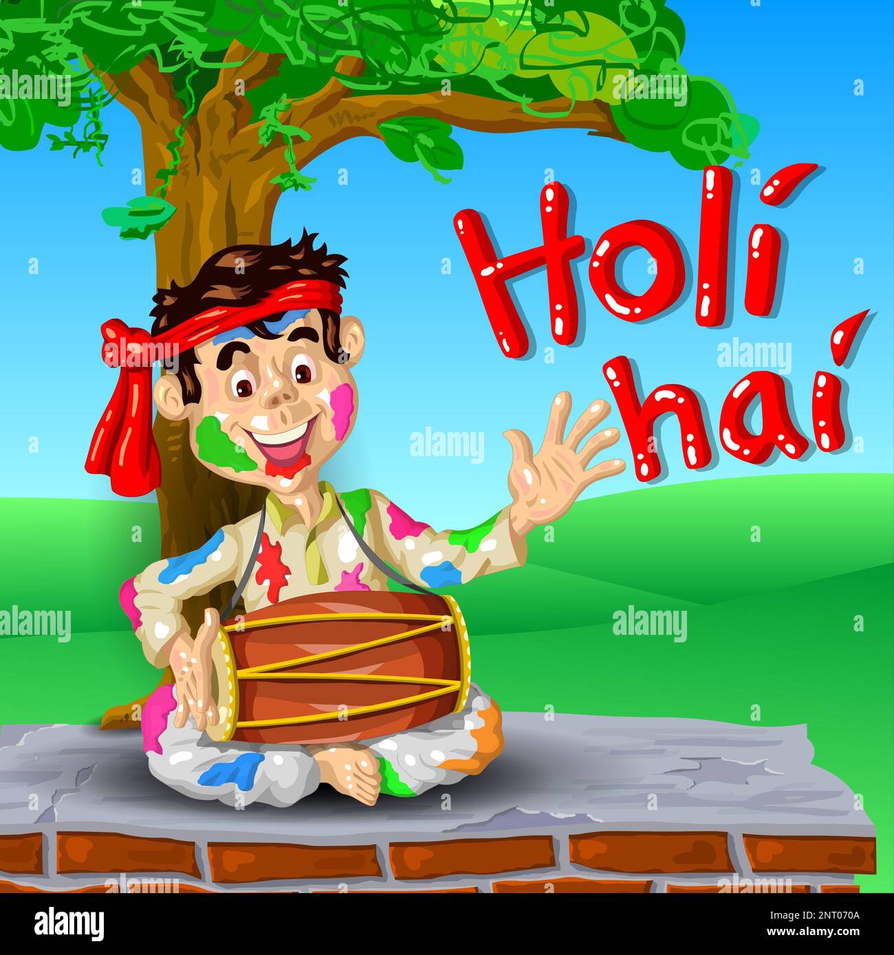 Happy holi festival of India, Man playing tabla, people playing holi dance. vector illustration design Stock Photo