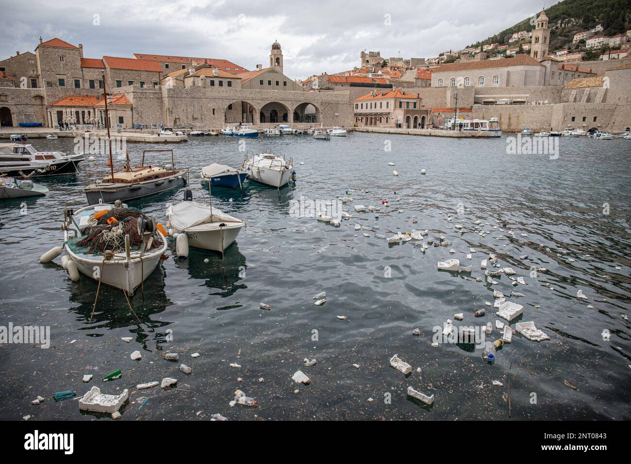 Dubrovnik, Croatia, 27/02/2023, Plastic waste floats in the old city