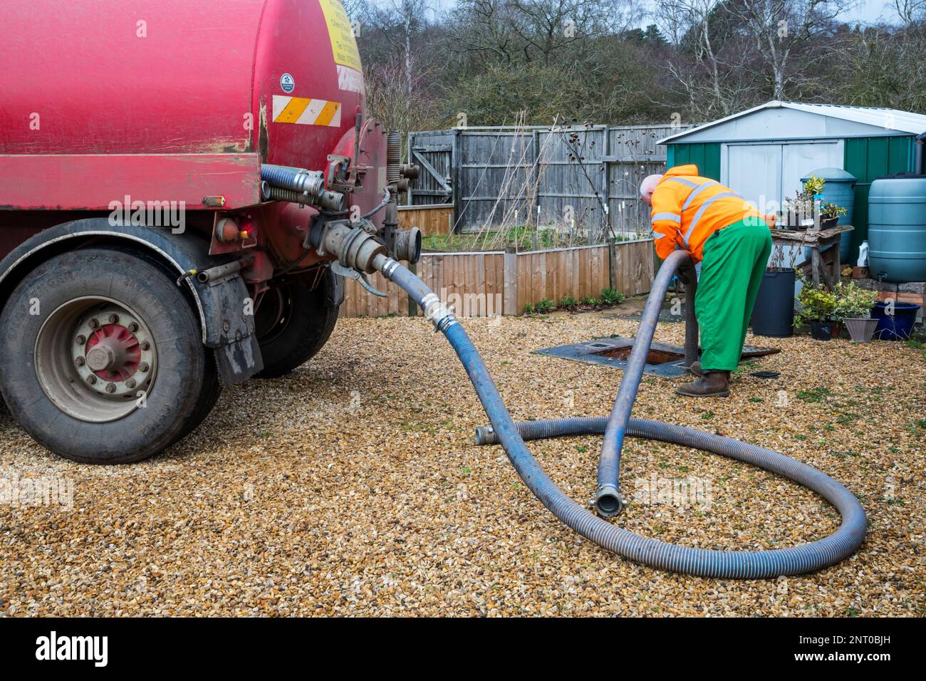 Emptying the septic tank at a house in the country which is not connected to mains sewerage. Stock Photo