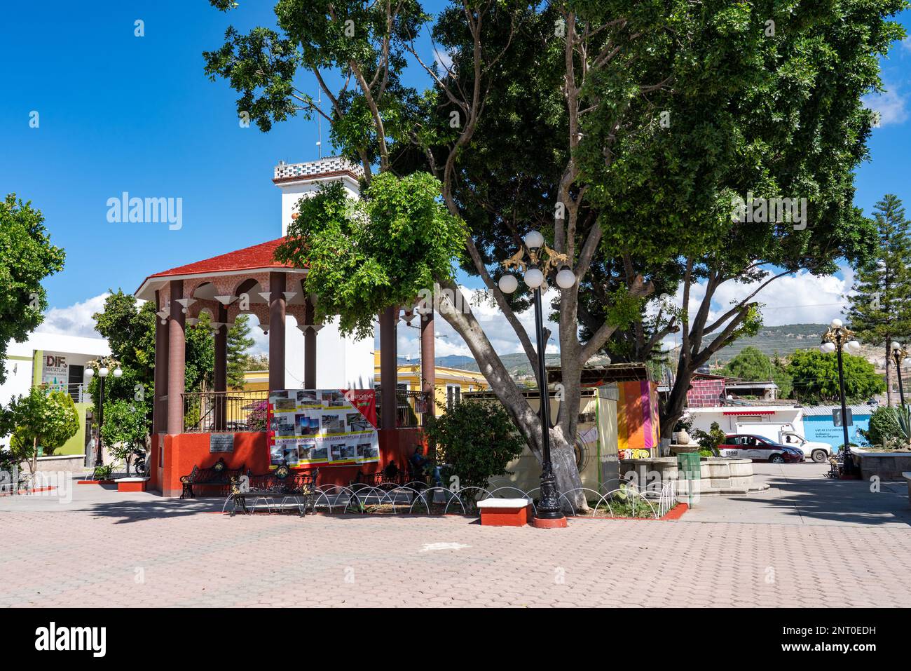 A gazebo or bandstand in the central park plaza in Santiago Matatlan in