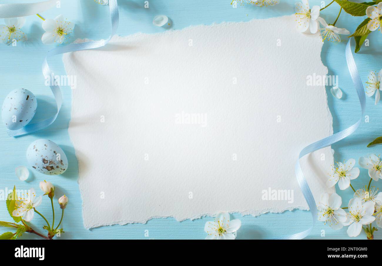 Creative easter flat lay design with white paper blank and spring flowers Stock Photo