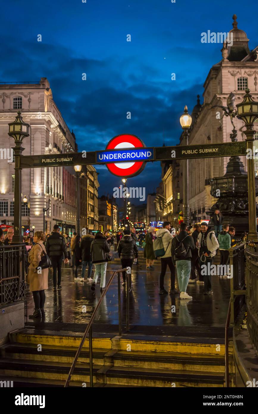 Piccadilly Underground Station, Piccadilly Circus, iconic spot in central London in the heart of the city near the Theatre District,  at night, London Stock Photo