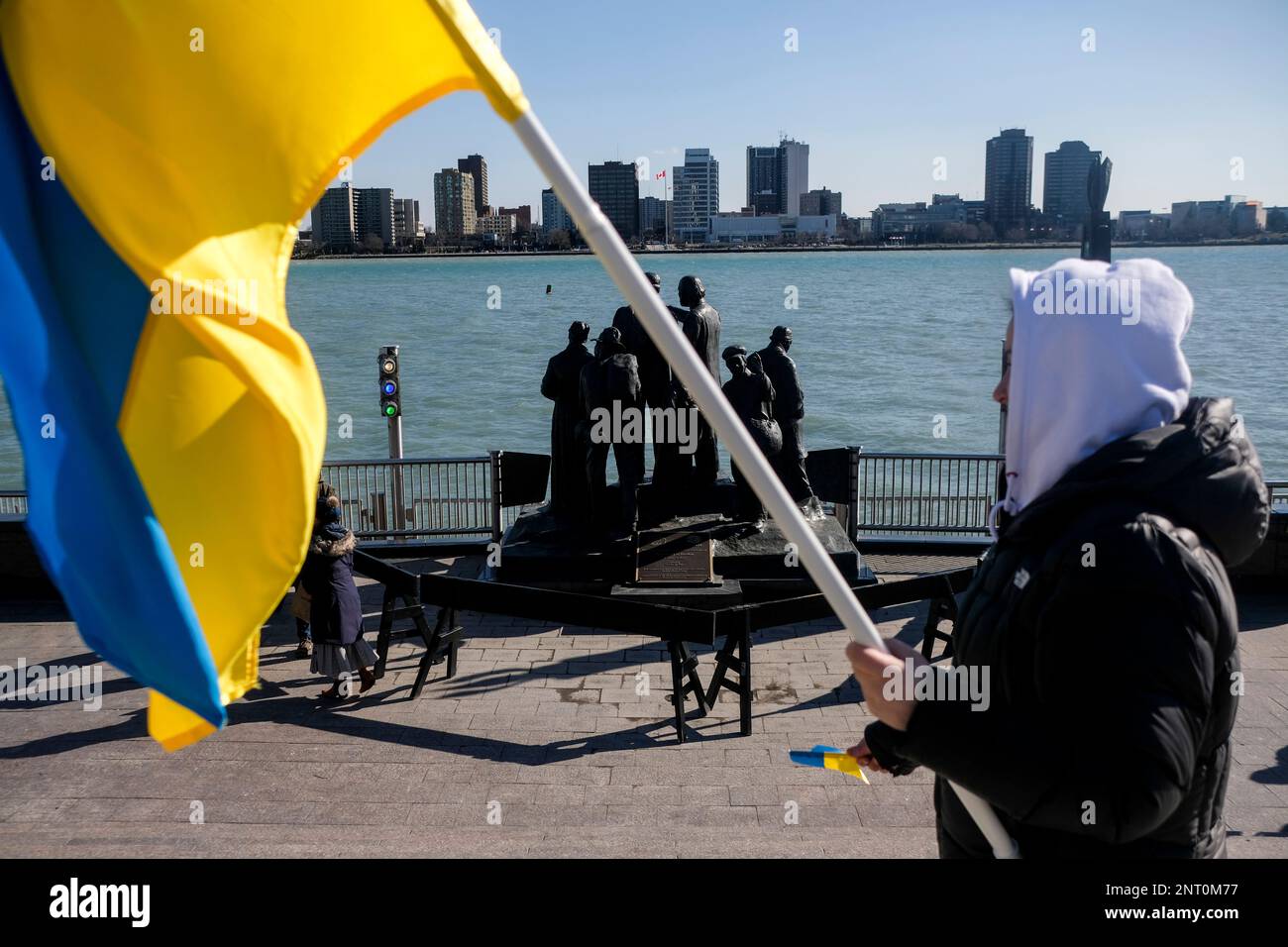 Detroit United States 26th Feb 2023 A Protester Is Seen Carrying A detroit-united-states-26th-feb-2023-a-protester-is-seen-carrying-a