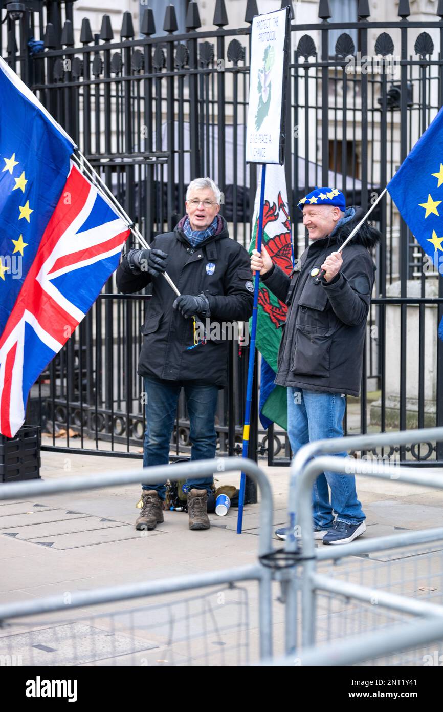 London, UK. 27th Feb, 2023. Anti Brexit protesters in Westminster on the day the NI Protocol deal is announced Credit: Ian Davidson/Alamy Live News Stock Photo