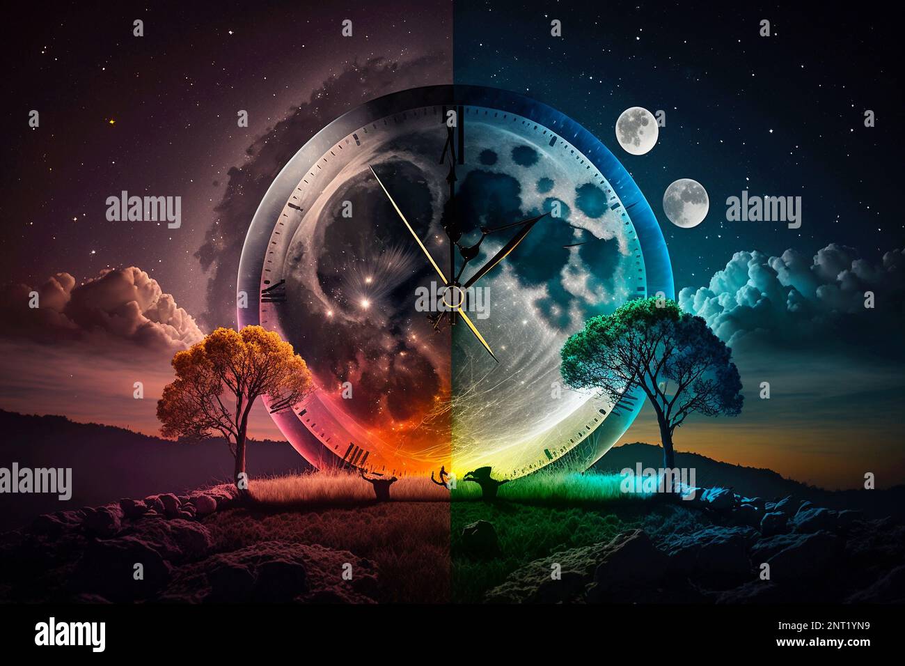 Day and night time change concept, 24 Hours. Morning till dawn, Clock