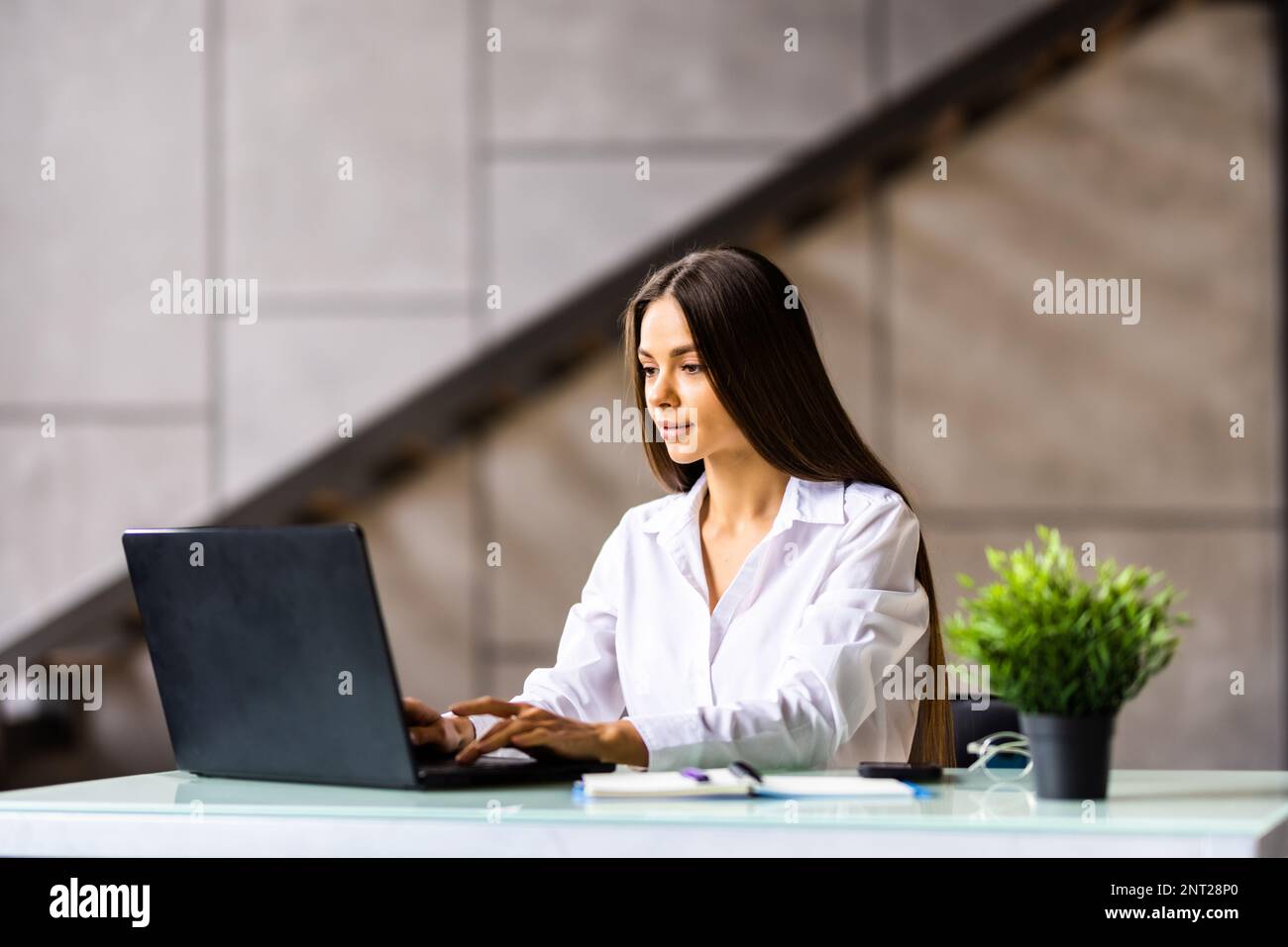 Beauitul young woman working using computer laptop concentrated and smiling Stock Photo