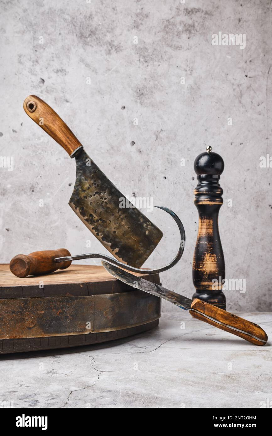 Vertical Composition With Rustic Butcher Tools Stock Photo Alamy Vertical Composition With Rustic Butcher Tools Stock Photo Alamy