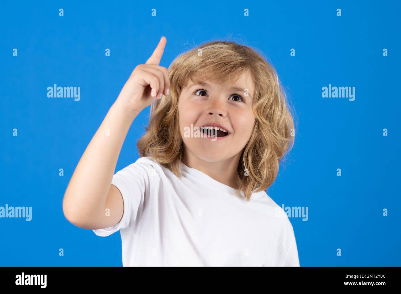 Excited child boy have idea on studio isolated background. Surprised