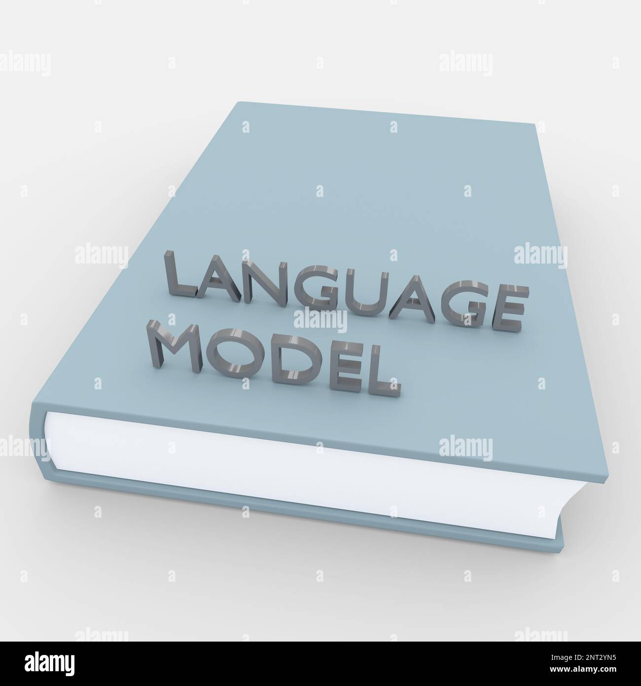 3D illustration of a pale blue book with three dimensional letters forming the title LANGUAGE MODEL, isolated over pale gray backgrond. Stock Photo
