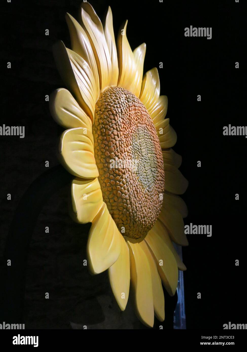 A large wooden sunflower greets you at the entrance to the Immersive Van Gogh Experience in Leicester, an iconic emblem of the artist's paintings. Stock Photo