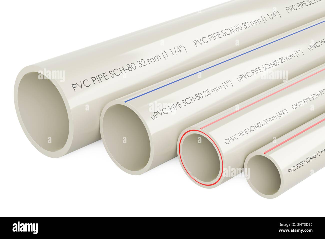 PVC pipes, composite pipe, uPVC pipe, cPVC pipe, 3D rendering isolated