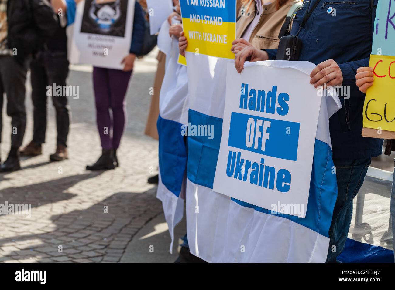 MILAN, ITALY - FEBRUARY 25, 2023: One year after Russia-Ukraine war, 1st anniversary. Rally of the population in support of Ukraine in Milan, a march Stock Photo