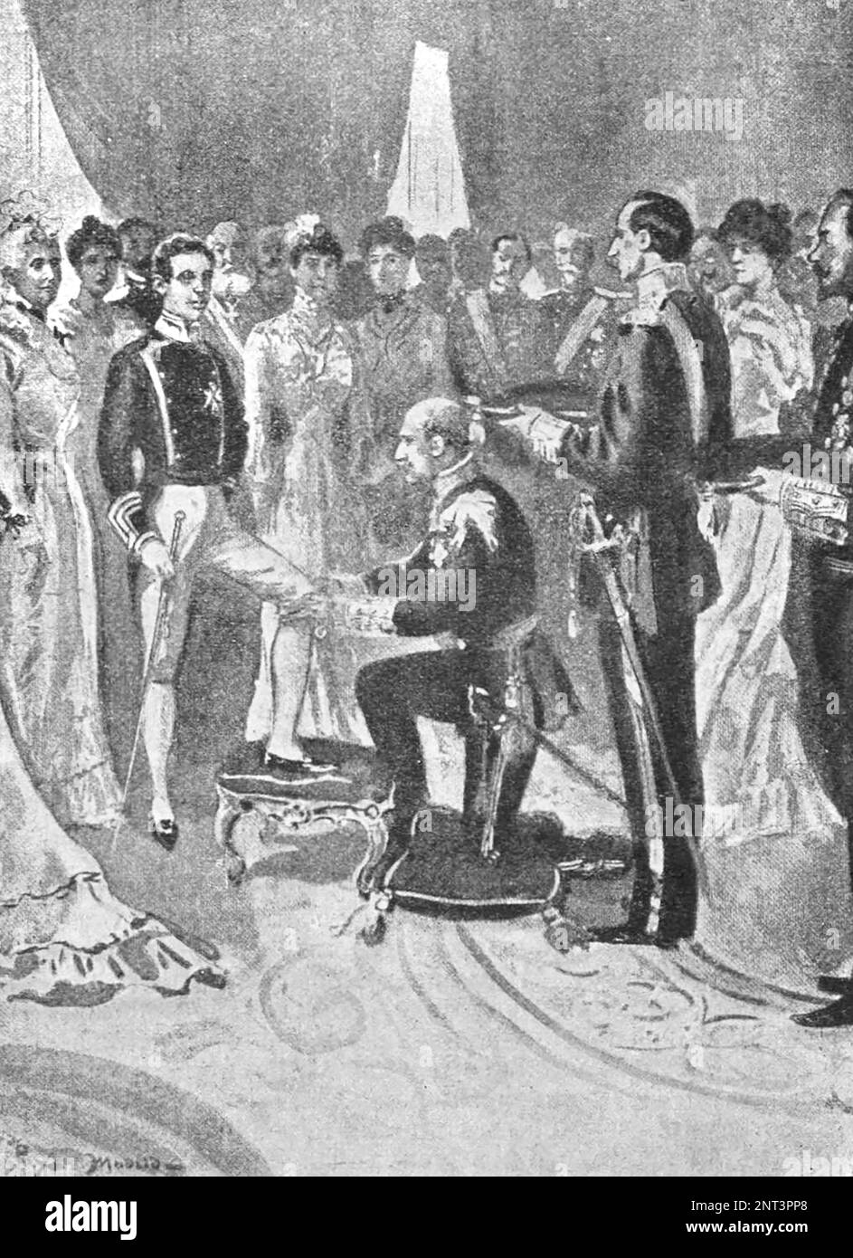 Accession of King Alfonso XIII to the throne. Solemn ceremony of receiving King Alfonso XIII of the most senior English Order of the Garter. Illustration from 1902. Stock Photo