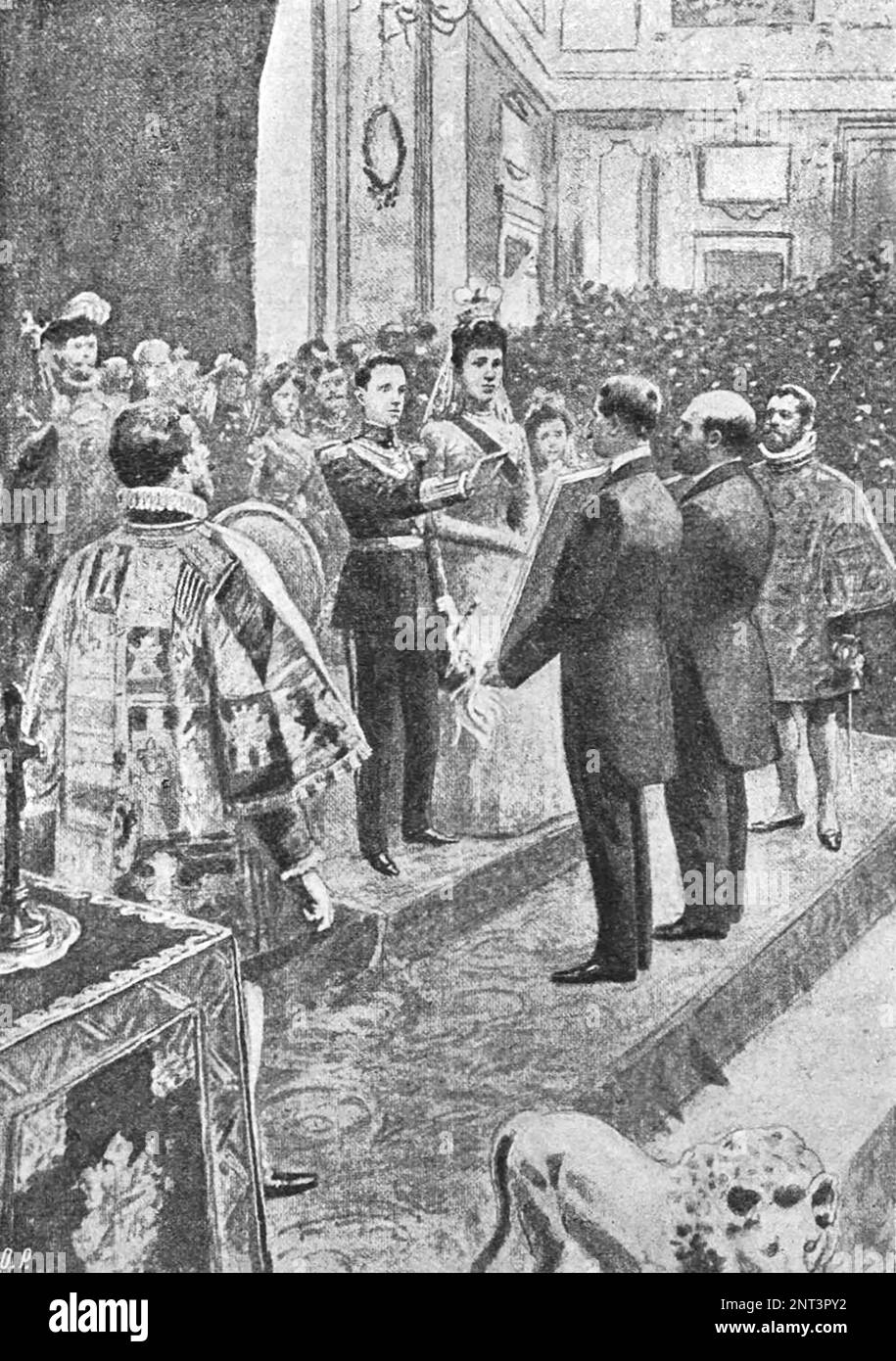 Accession of King Alfonso XIII to the throne. Taking the oath by King Alfonso XIII of allegiance to the constitution in the presence of the president and deputies. Illustration from 1902. Stock Photo