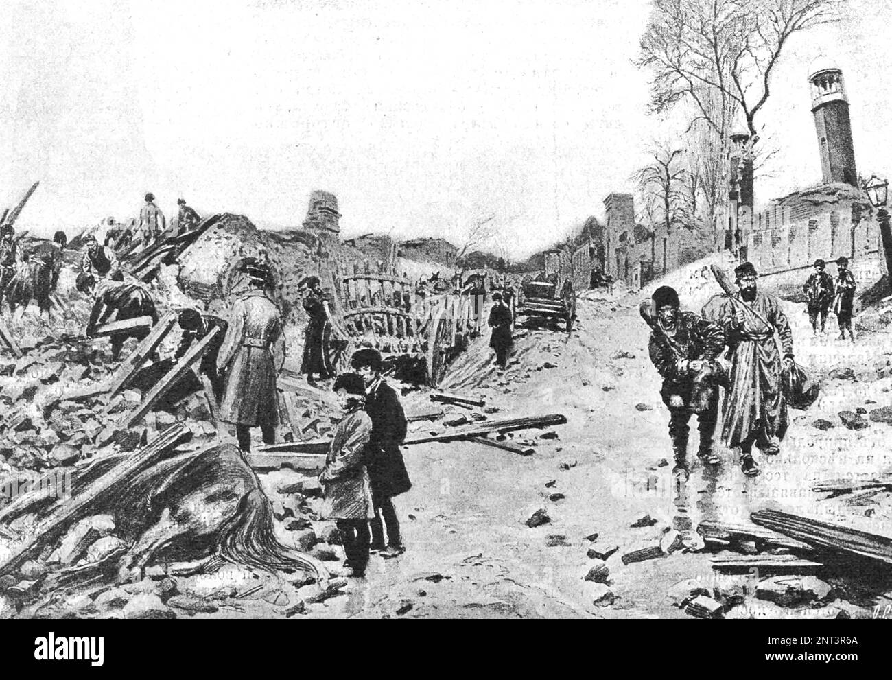 Consequences of the Shamakhi earthquake in 1902. Extraction of corpses. Drawing from nature in 1902. Stock Photo