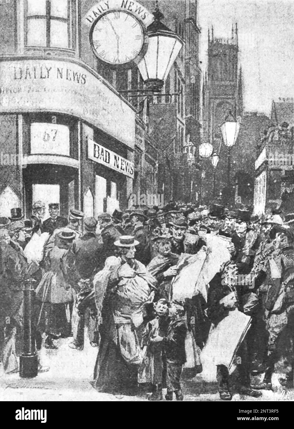A crowd of people on the streets of London in front of the 'Daily News', which first issued a telegram about the victory of the Boers and the capture of General Methuen. Illustration from 1902. Stock Photo