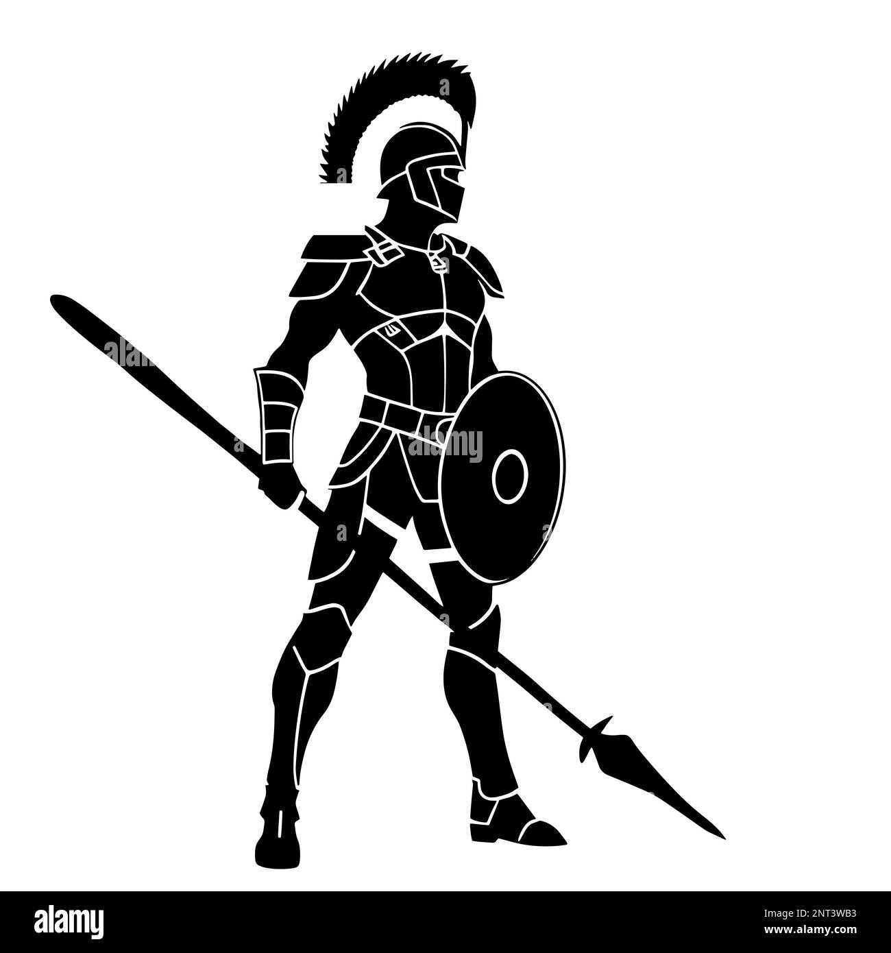 Illustration of a Spartan warrior in striking black and white monochrome style, evoking a sense of power Stock Photo