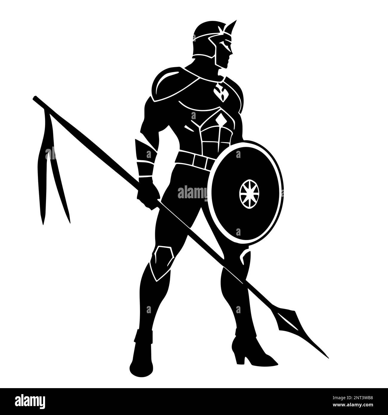 Illustration of a Spartan warrior in striking black and white monochrome style, evoking a sense of power Stock Photo