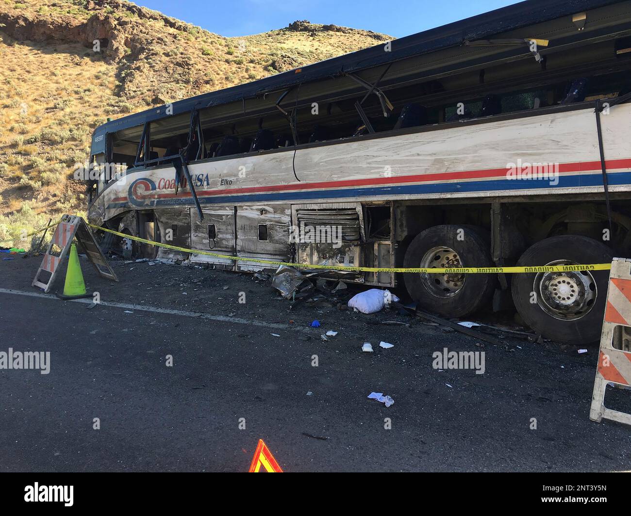 This photo released by the Nevada Highway Patrol shows the scene of a