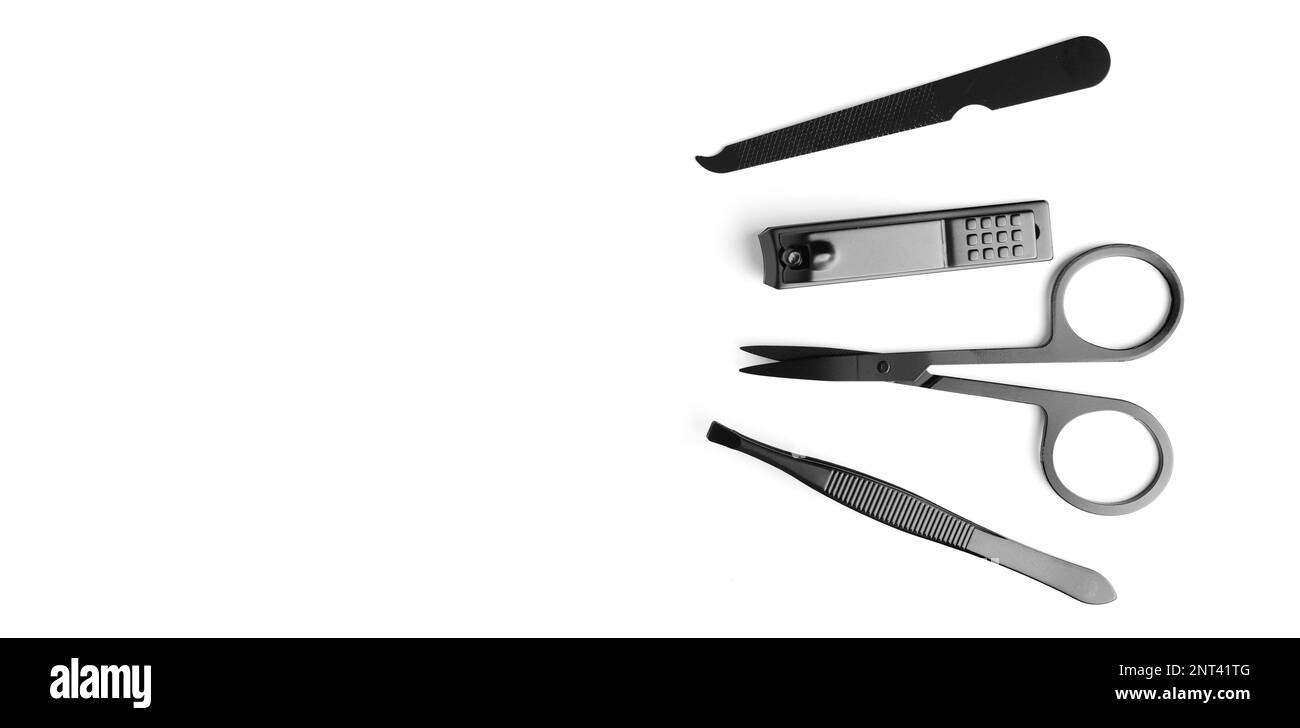 Banner of set of steel manicure and pedicure tools isolated on white