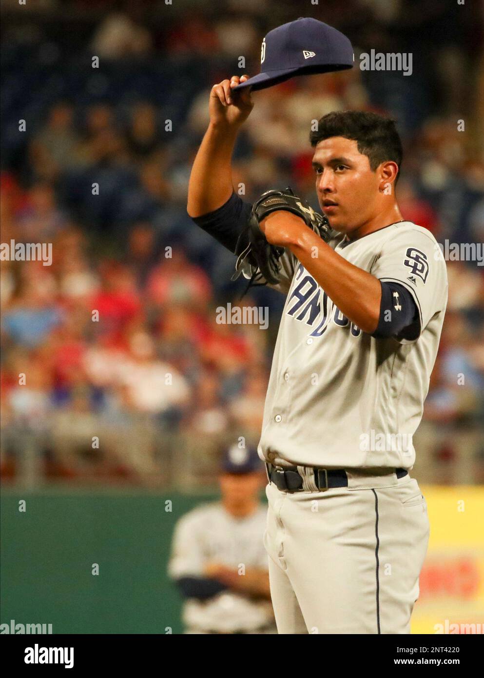 August 17, 2019: San Diego Padres relief pitcher Andres Munoz (52) throws a  pitch during the MLB game between the San Diego Padres and Philadelphia  Phillies at Citizens Bank Park in Philadelphia