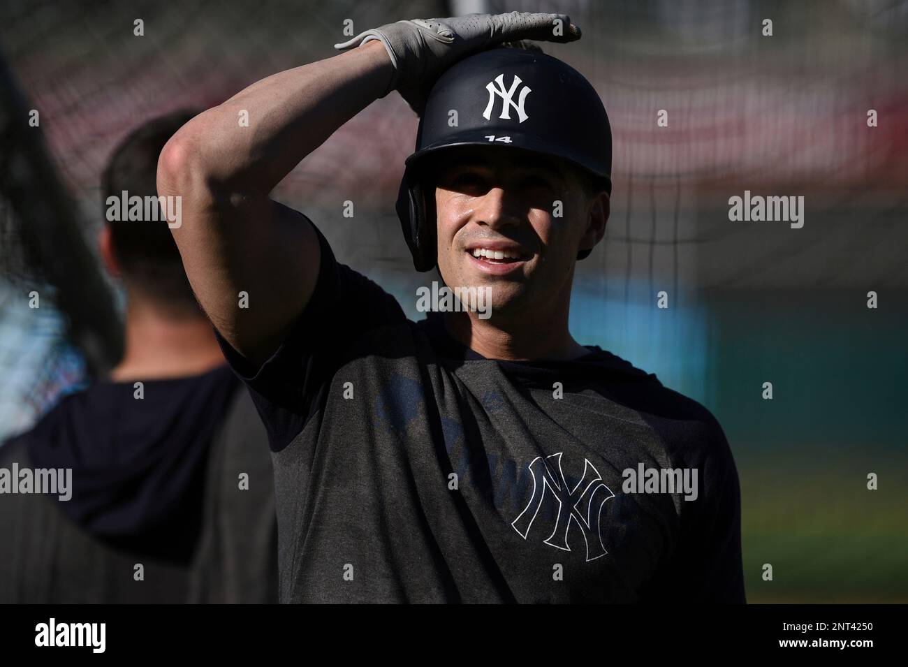 OAKLAND, CA - AUGUST 22: New York Yankees infielder Tyler Wade (14) before  the Major League baseball game between the New York Yankees and the Oakland  Athletics at the Oakland-Alameda County Coliseum (