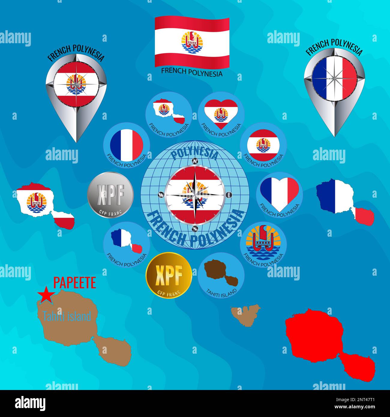 Set of vector illustrations of flag, contour map, money, icons of ...