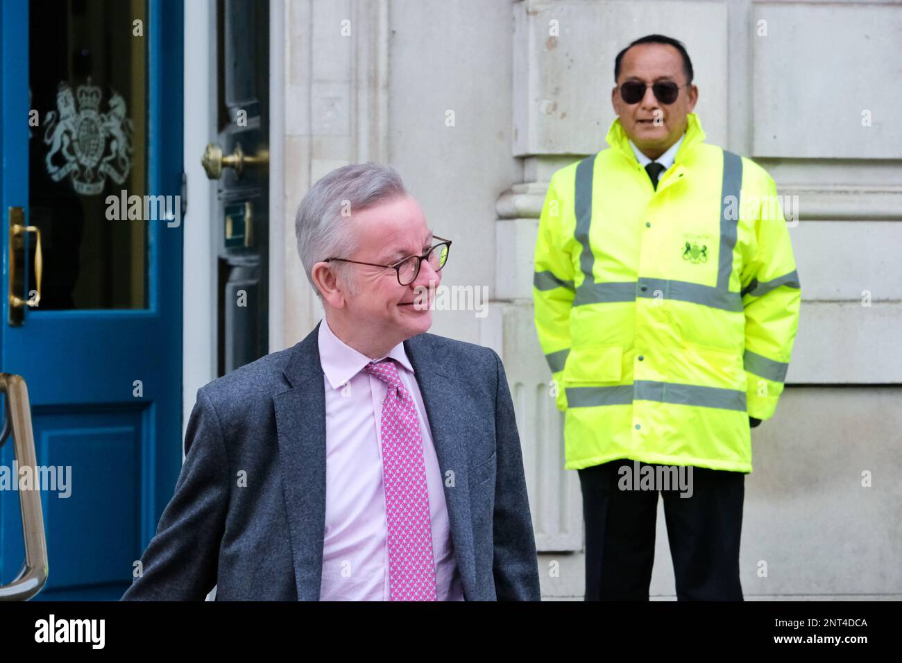 London, UK. 27th February, 2023. Secretary for Levelling Up, Housing and Communities and Minister for Intergovernmental Relations, Michael Gove leaves the Cabinet Office after a meeting to discuss the Northern Ireland Protocol deal between the UK and the EU.  Credit: Eleventh Hour Photography/Alamy Live News Stock Photo