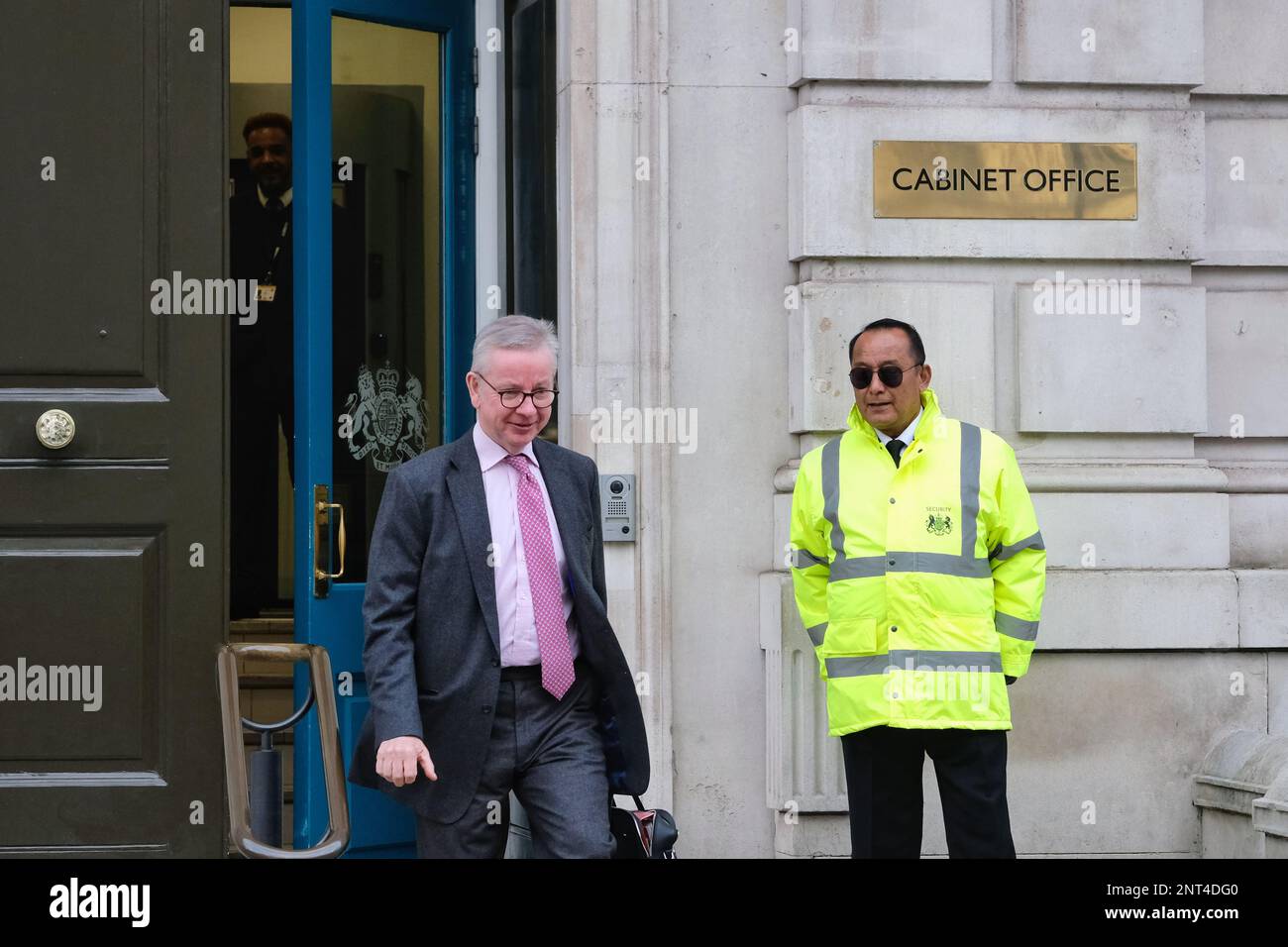 London, UK. 27th February, 2023. Secretary for Levelling Up, Housing and Communities and Minister for Intergovernmental Relations, Michael Gove leaves the Cabinet Office after a meeting to discuss the Northern Ireland Protocol deal between the UK and the EU.  Credit: Eleventh Hour Photography/Alamy Live News Stock Photo