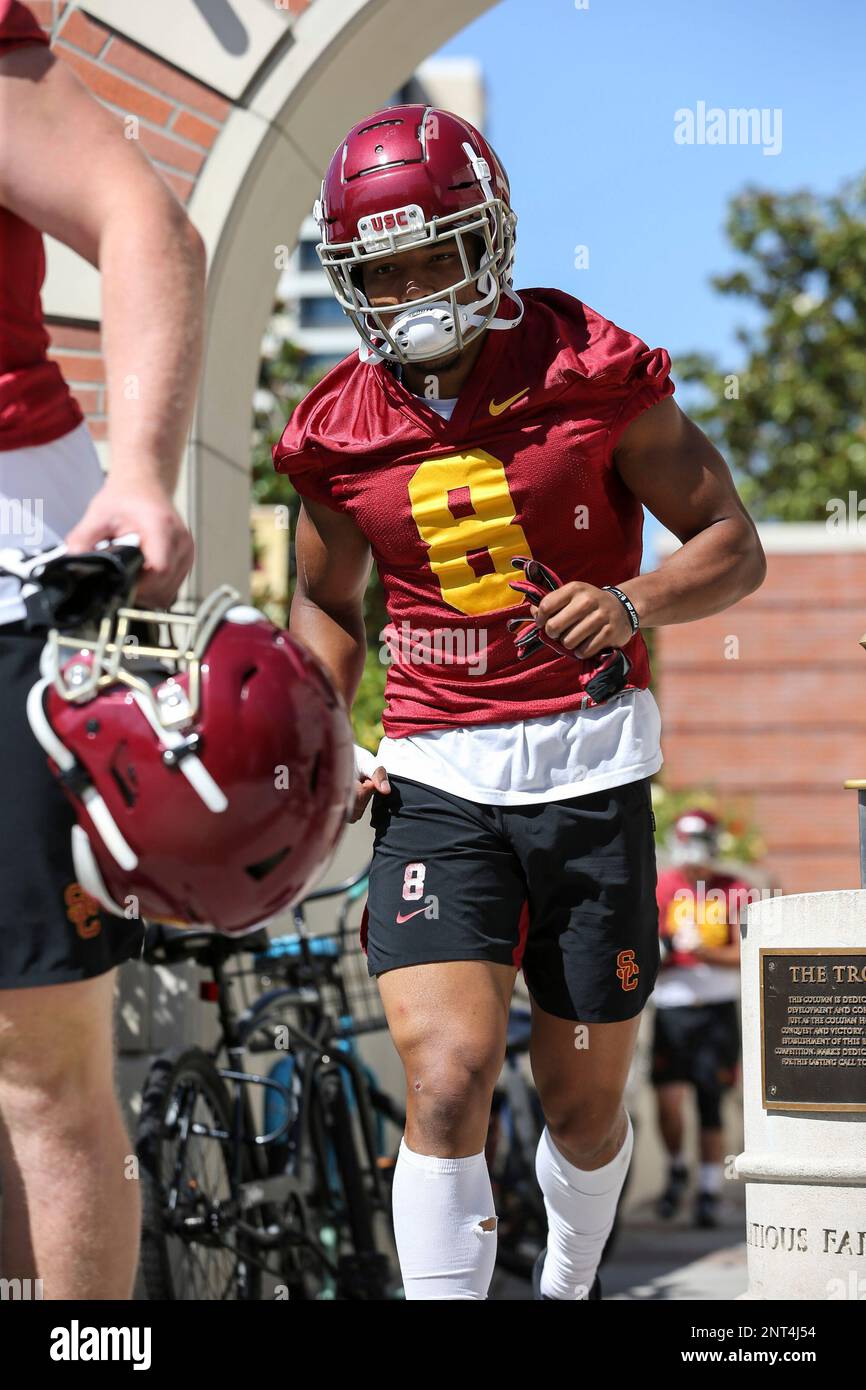 USC Trojans wide receiver Amon-Ra St. Brown #8 catching a pass warming up  for the Colorado Buffaloes vs USC Trojans PAC-12 football game at the Los  Angeles Memorial Coliseum on Saturday October