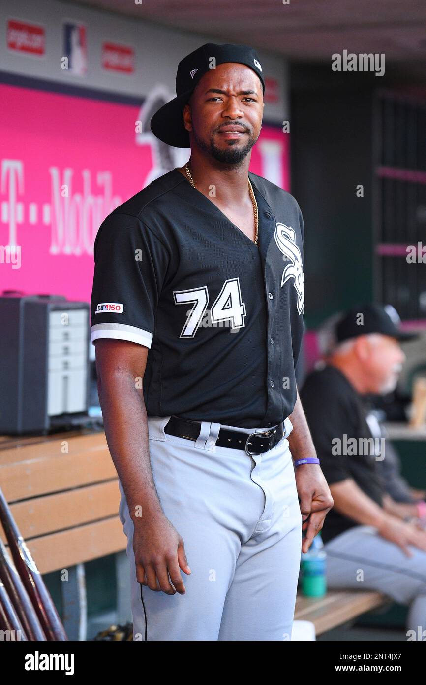 ANAHEIM, CA - AUGUST 15: Chicago White Sox left fielder Eloy Jimenez (74)  looks on in the dugout before a MLB game between the Chicago White Sox and  the Los Angeles Angels
