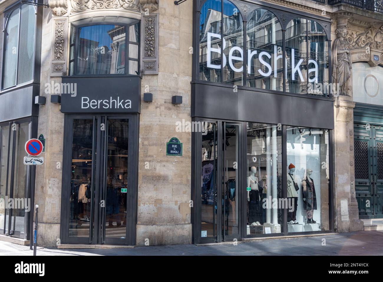 Exterior view of a Bershka store, a men's and women's ready-to-wear clothing chain of stores founded in 1998 by the Spanish group Inditex Stock Photo