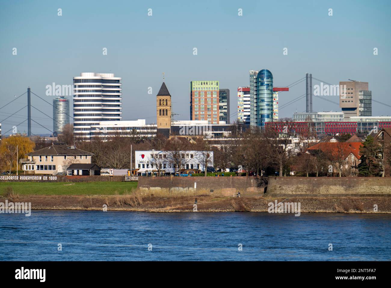 Skyline of Düsseldorf city centre, media harbour, residential buildings in the Hamm district, Rhine bridge, Stock Photo