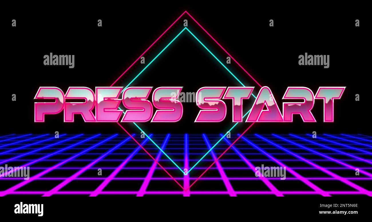 Image of press start text in pink metallic letters over neon lights Stock Photo