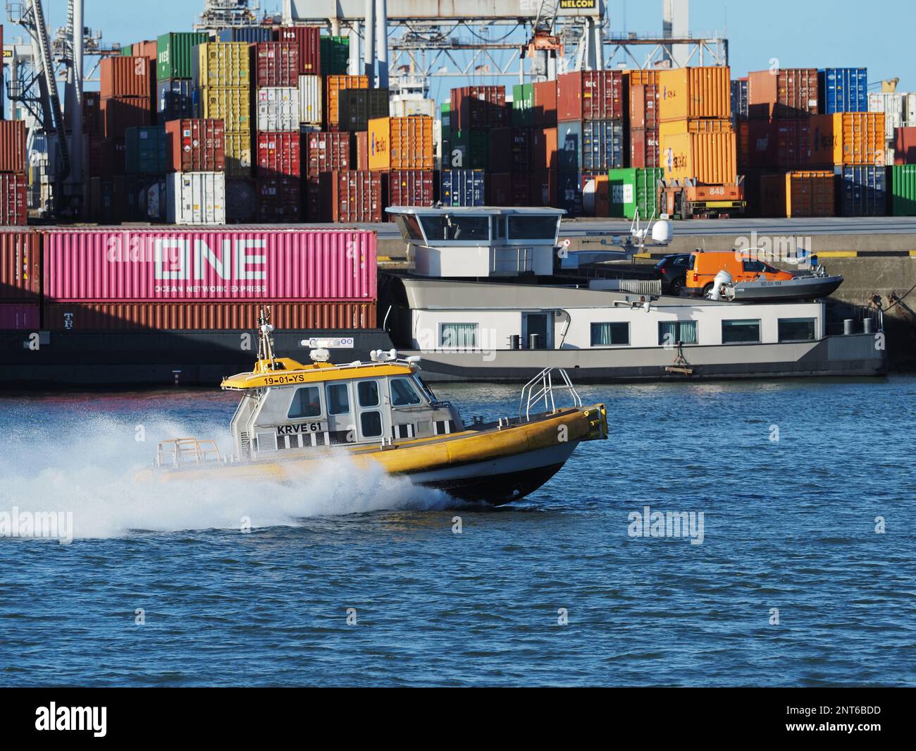 KRVE61 is a high-speed pilot tender vessel, seen here in the Port of Rotterdam, the Netherlands. Stock Photo