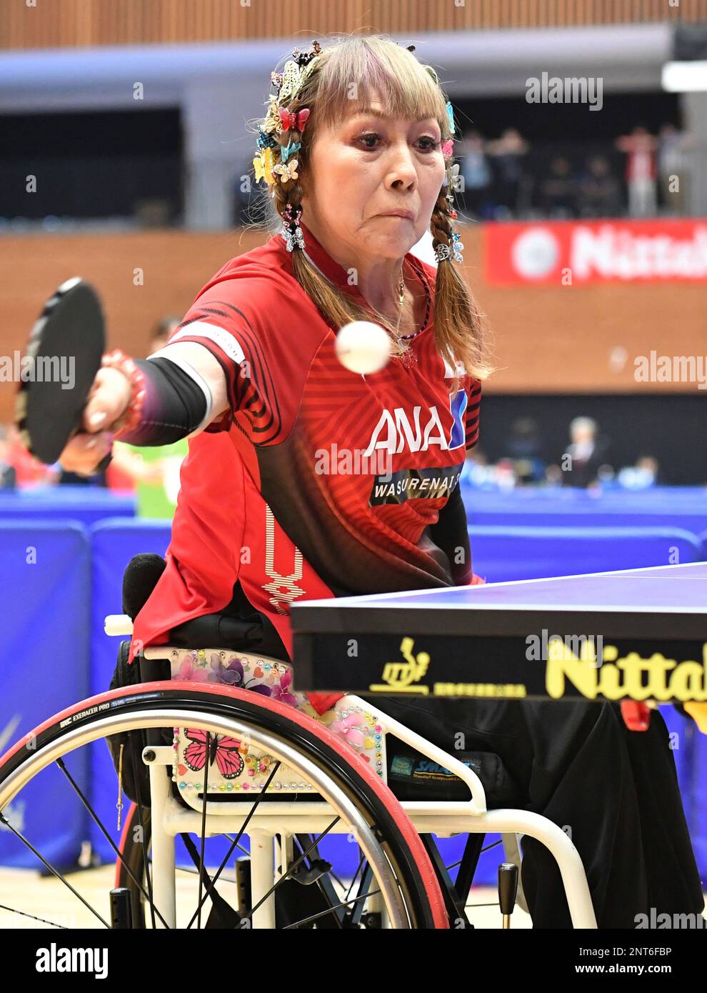 Kimie Bessho, a Japanese Paralympic table tennis player, hits a shot during  ITTF PTT Japan Open 2019 Tokyo in Minato Ward, Tokyo on August 1, 2019.  71-year-old Bessho placed 5th in the