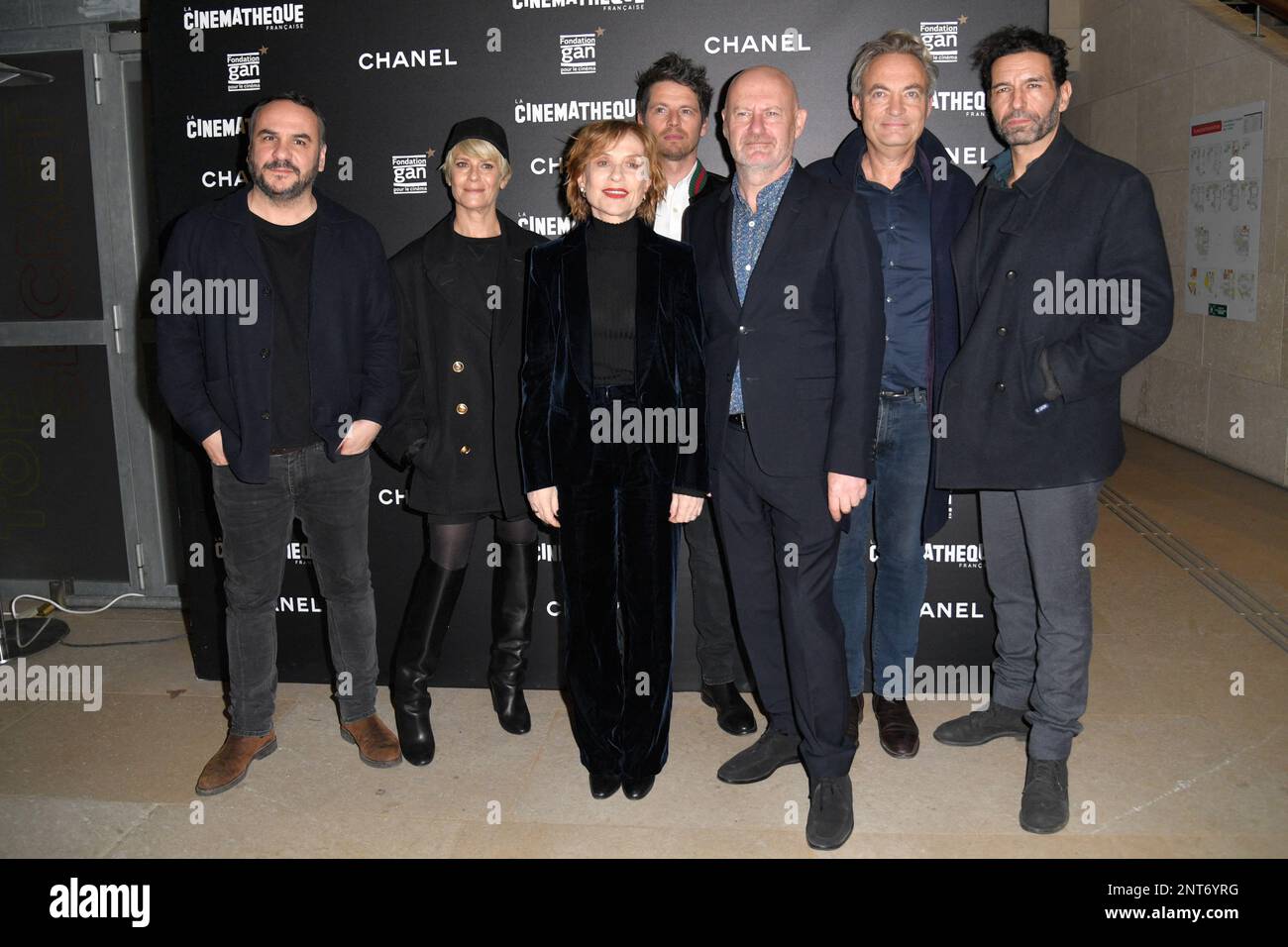 Francois-Xavier Demaison, Marina Fois, Isabelle Huppert, Pierre  Deladonchamps, Jean-Paul Salome, Olivier Loustau and Gilles Cohen attending  the La Syndicaliste Screening at the Cinematheque in Paris, France on  February 27, 2023. Photo by