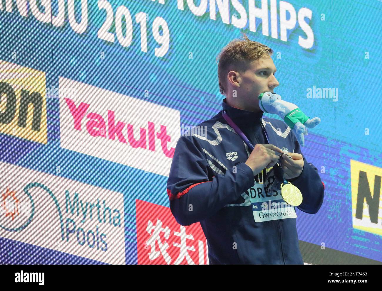 DRESSEL Caeleb of United States of America, gold, celebrates during an ...